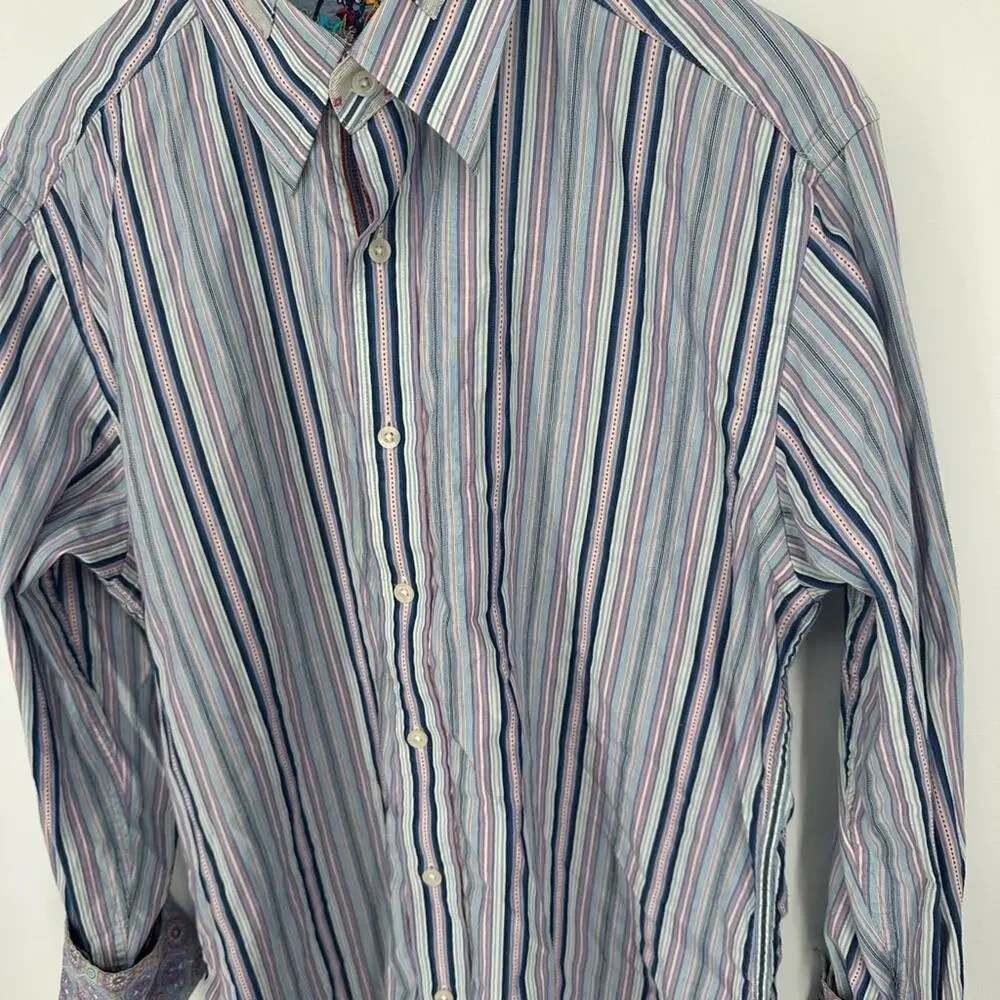 Robert Graham Men’s Striped Dress Shirt Flip Cuff Colorful Size Medium Party